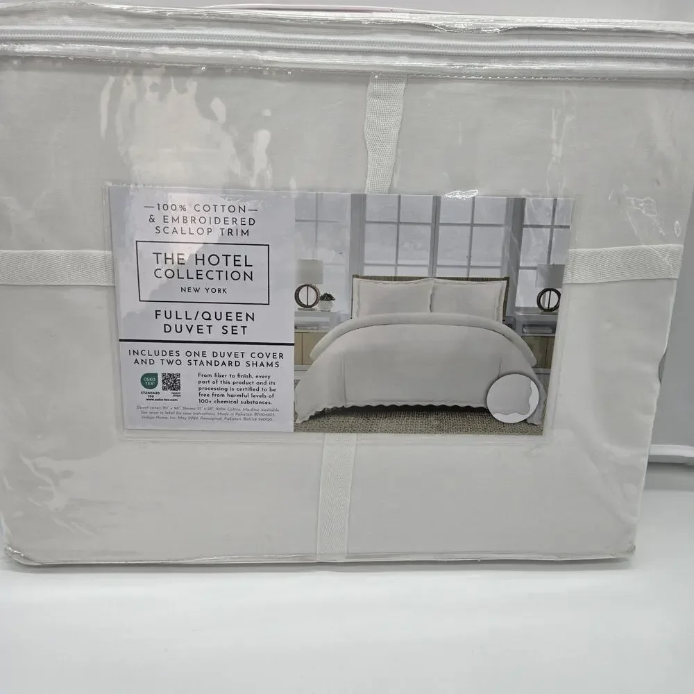 Hotel Collection Duvet Set QUEEN FULL White Embroidered Scalloped Trim Cotton